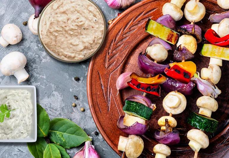 Grilled Veggie Kebabs with Two Jalapeño Dipping Sauces