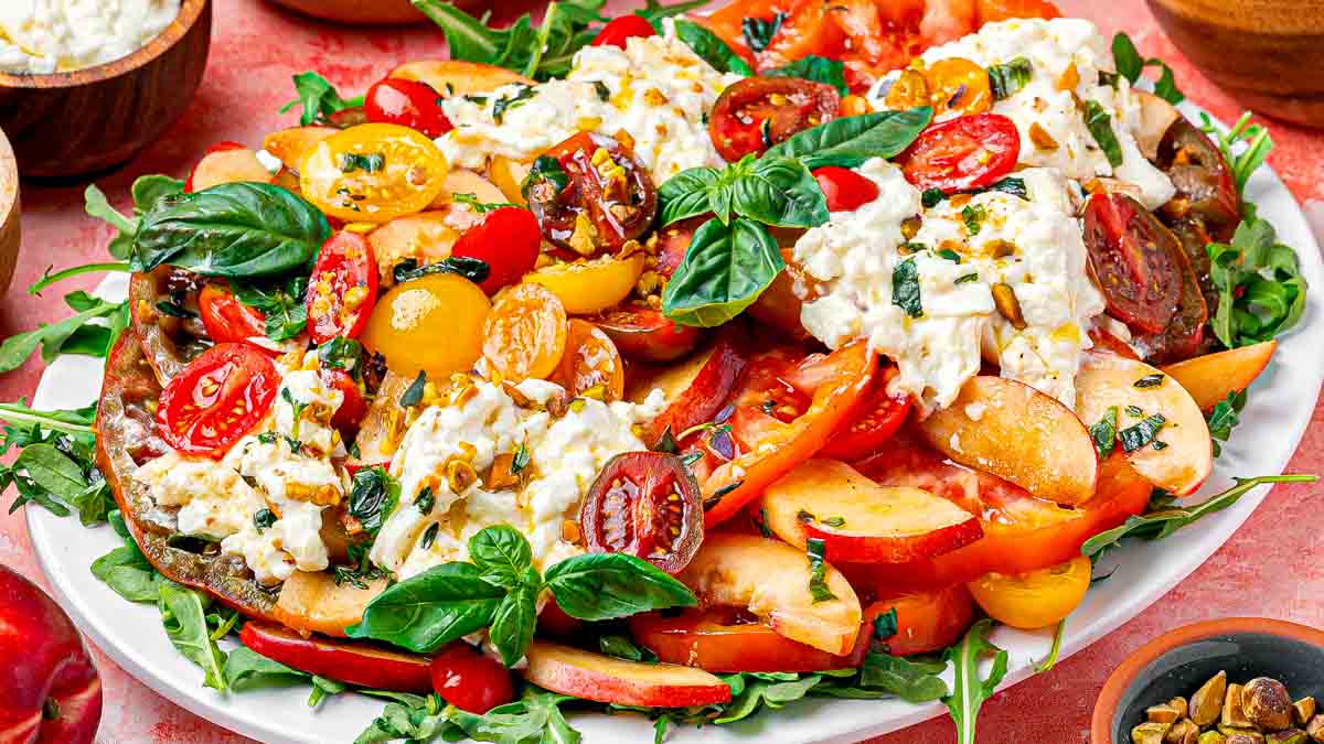 Nectarine Tomato Burrata Salad with Hot Honey Dressing