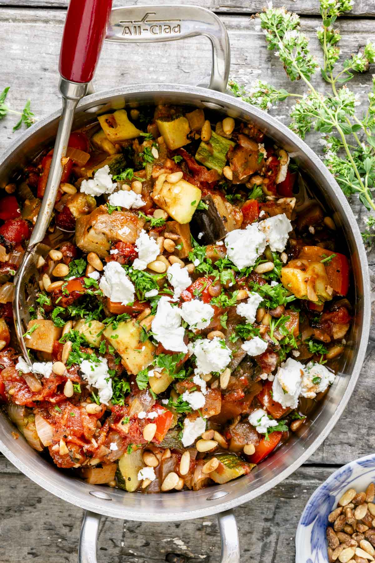 Smoky Ratatouille with Goat Cheese and Pine Nuts
